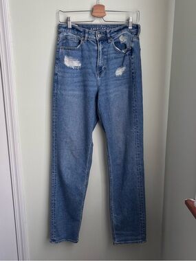 American Eagle Mom Straight Jeans Women 6 Tall (28x31) Stretch Distressed Denim